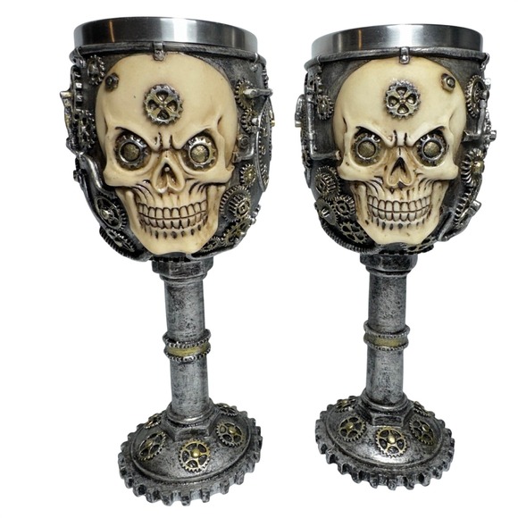 Other - Steampunk Skull Wine Goblet Set of 2 Mechanical Gearwork Skeleton Chalice 7.5 In